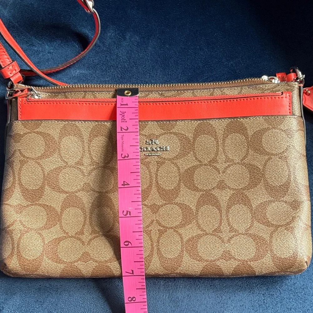 Coach Brown Logo and Coral Crossbody Bag with Removable Pouch and Zipper Top